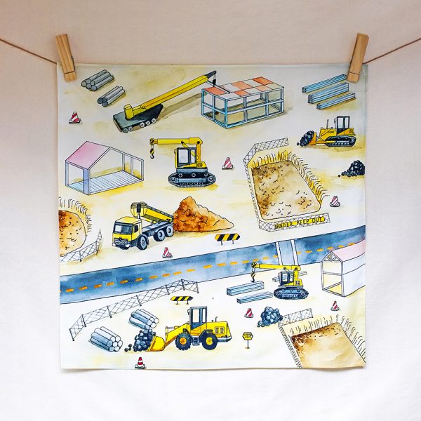 At the building site – hand-illustrated organic cotton play cloth for open-ended play