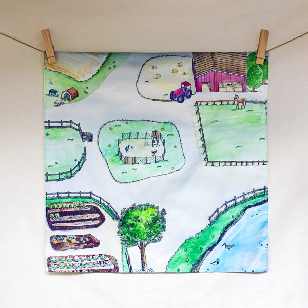 Around the farm – hand-illustrated organic cotton play cloth for open-ended play