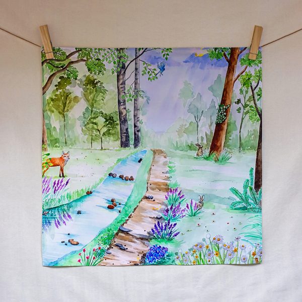 A walk in the forest – hand-illustrated organic cotton play cloth for open-ended play
