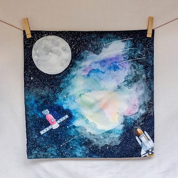 To the moon – hand-illustrated organic cotton play cloth for open-ended play