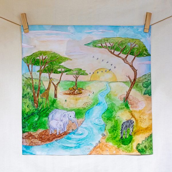 The plains of Africa – hand-illustrated organic cotton play cloth for open-ended play