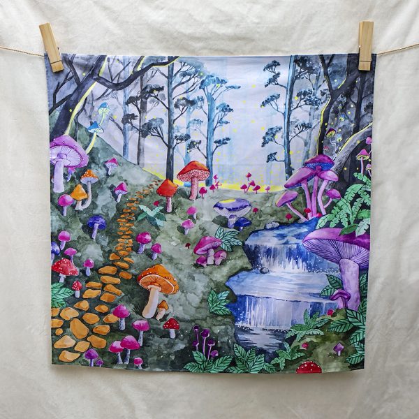 The enchanted toadstool forest – hand-illustrated organic cotton play cloth for open-ended play