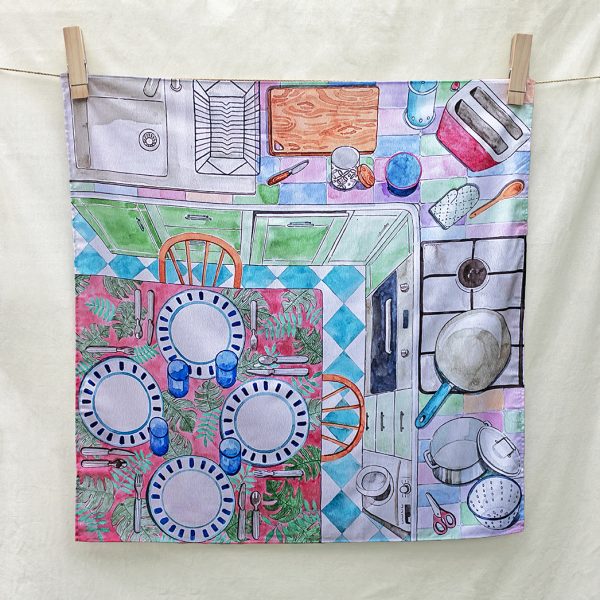 In the kitchen – hand-illustrated organic cotton play cloth for open-ended play