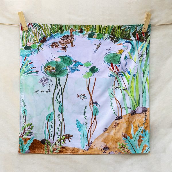 Down by the pond – hand-illustrated organic cotton play cloth for open-ended play